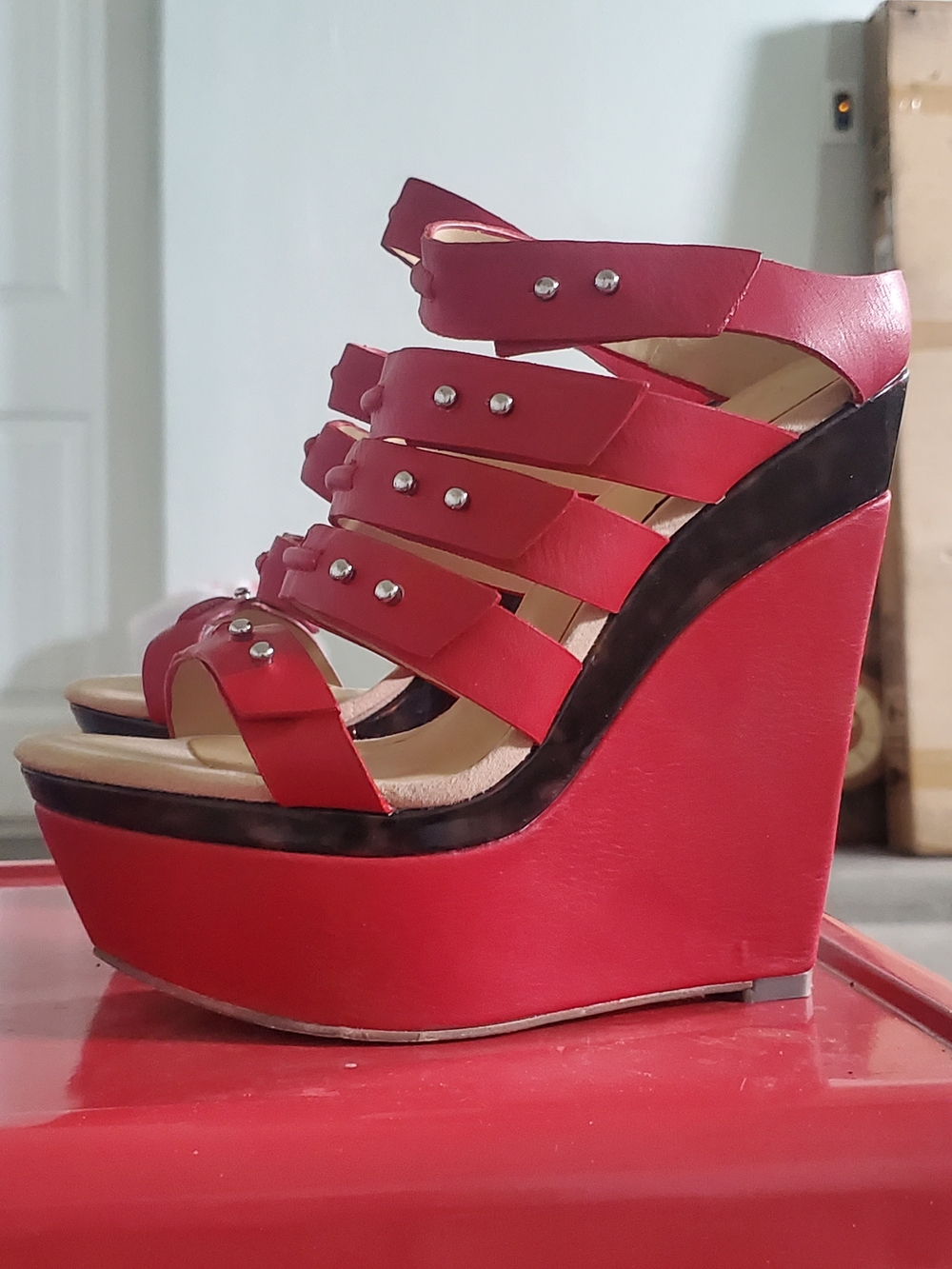 GX by Gwen Stefani Red Studded Multi-Strap Wedge Sandals